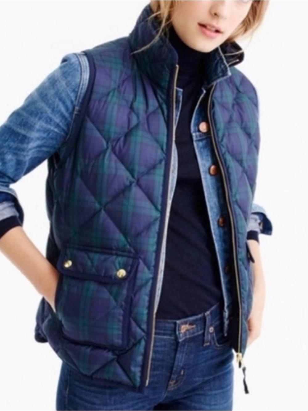 J.Crew | Excursion Quilted Down Vest - Navy & Green Tartan - Small